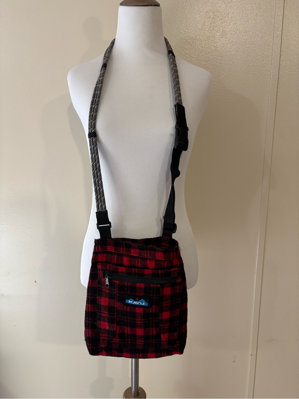 Kavu Red and Black Plaid Small Messenger Bag